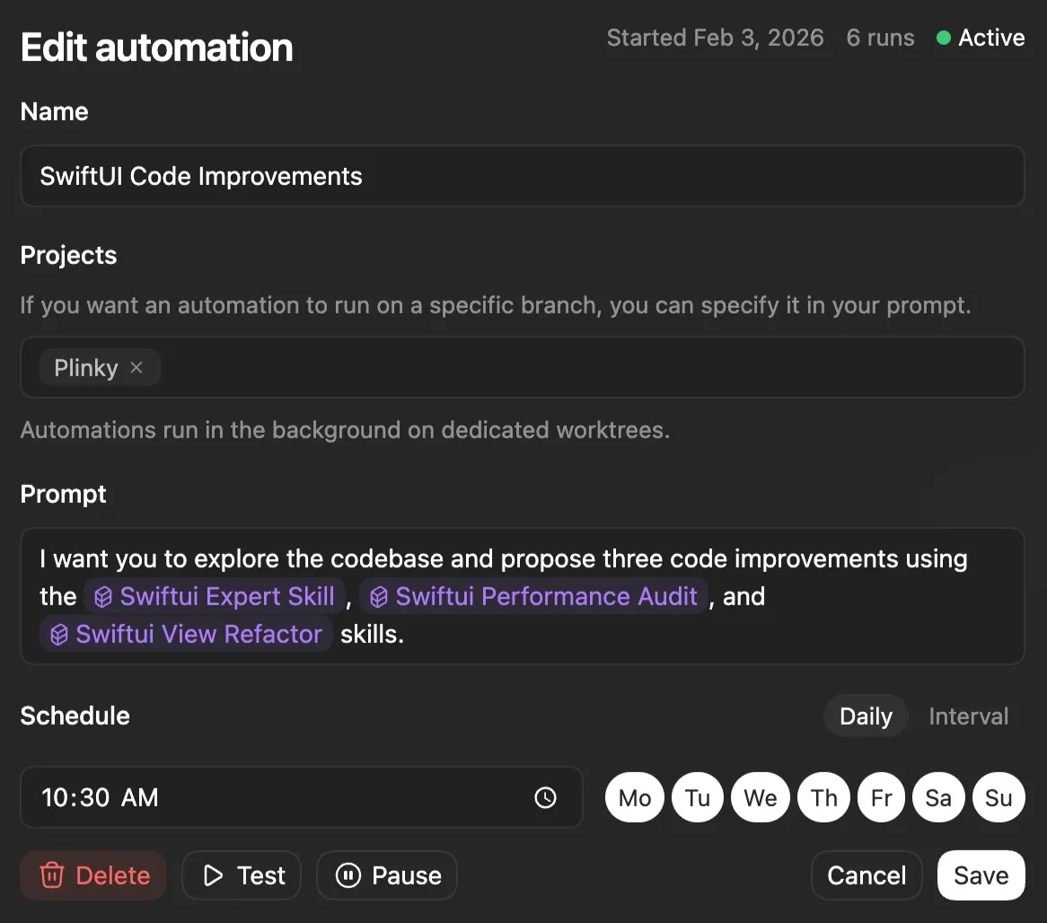 An automation configured in Codex